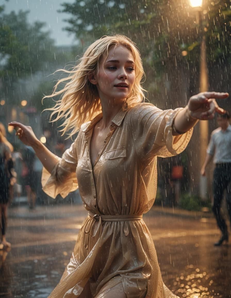 Blonde Woman Dancing in Rain with Mist Person