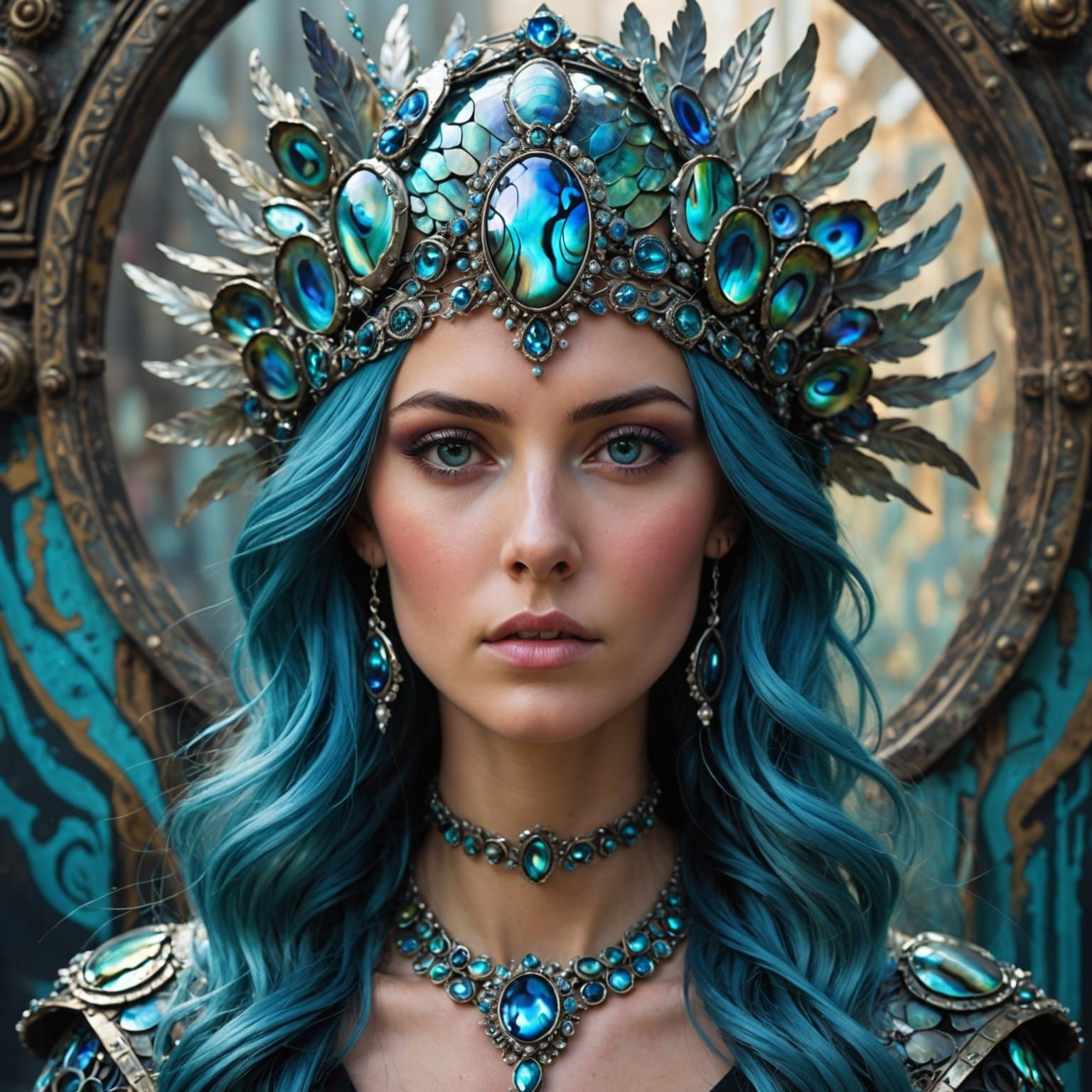 Blue-Haired Woman with Abalone Headpiece in Fantasy Style