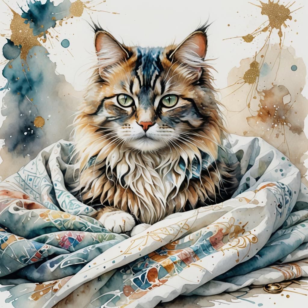 Dreamy Watercolor Cat Snuggled in Blanket