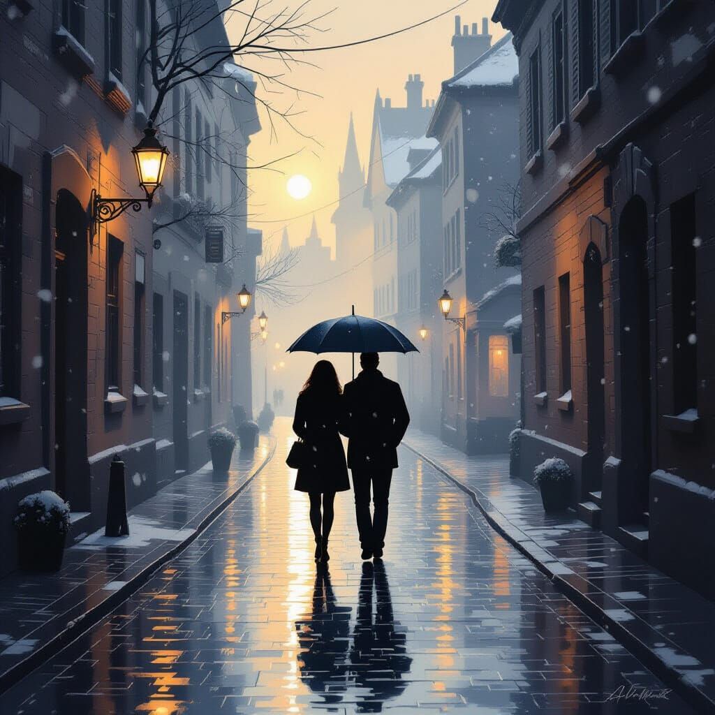 Couple Under Umbrella on Foggy European Street