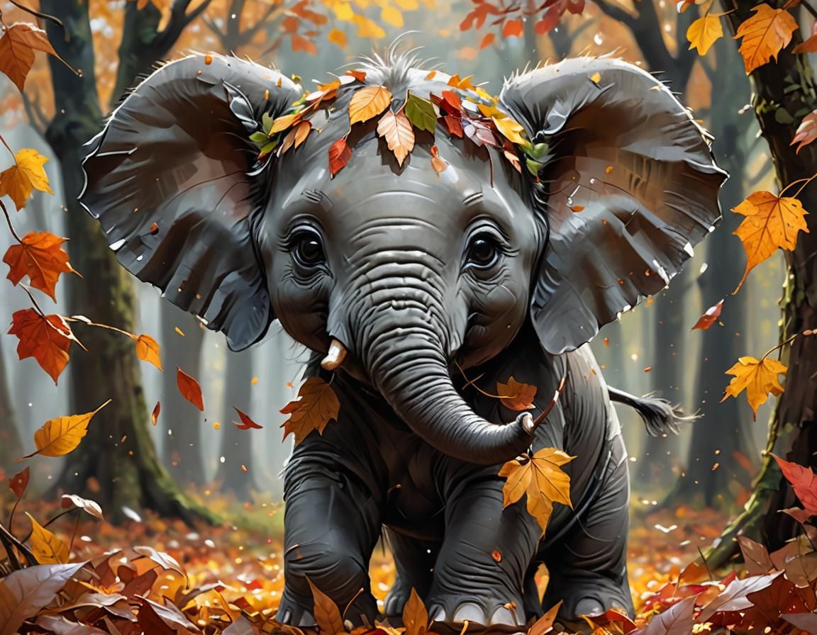 Chibi Elephant Cub Playing in Autumnal Forest