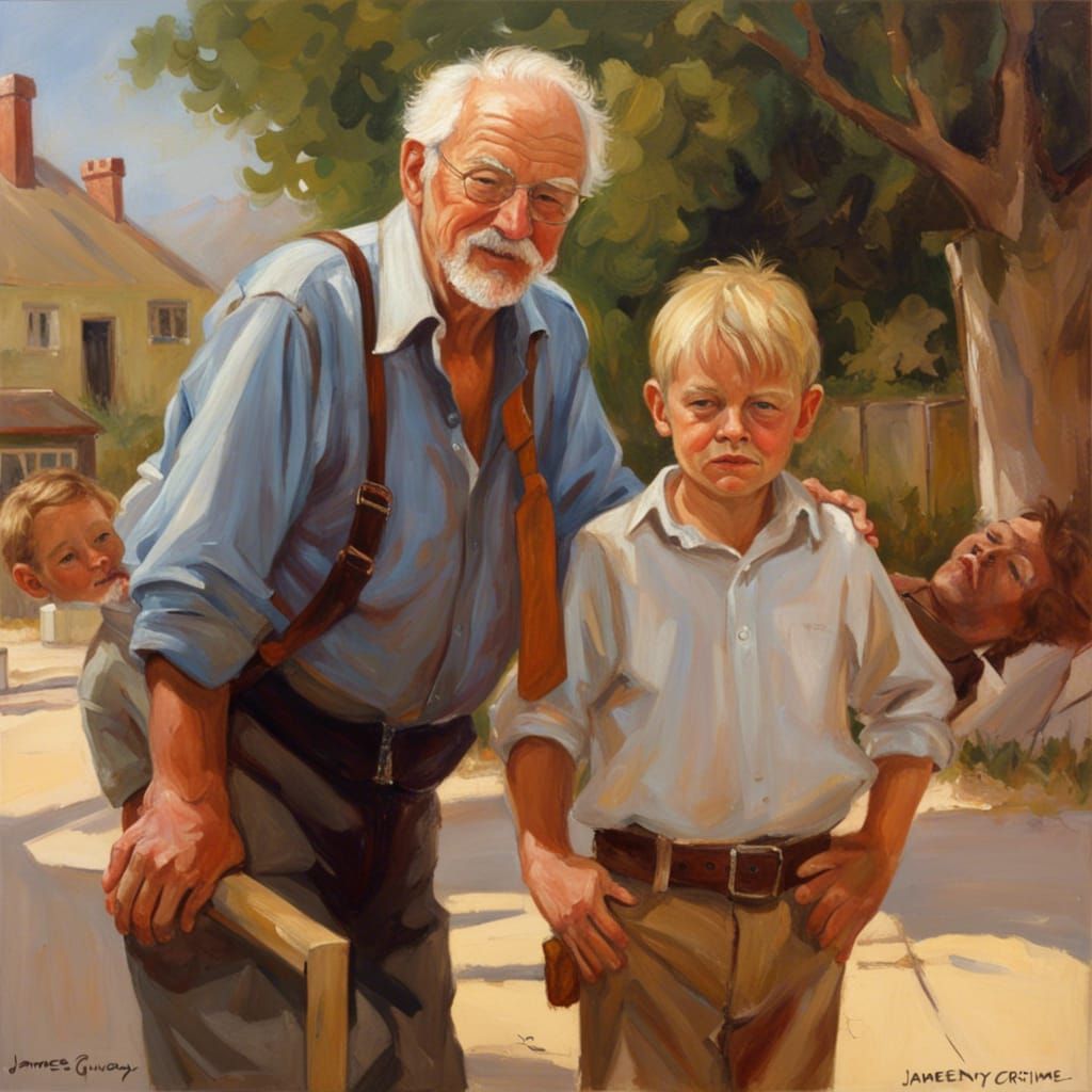 Mischievous Grandfather and Grandson: An Oil Painting
