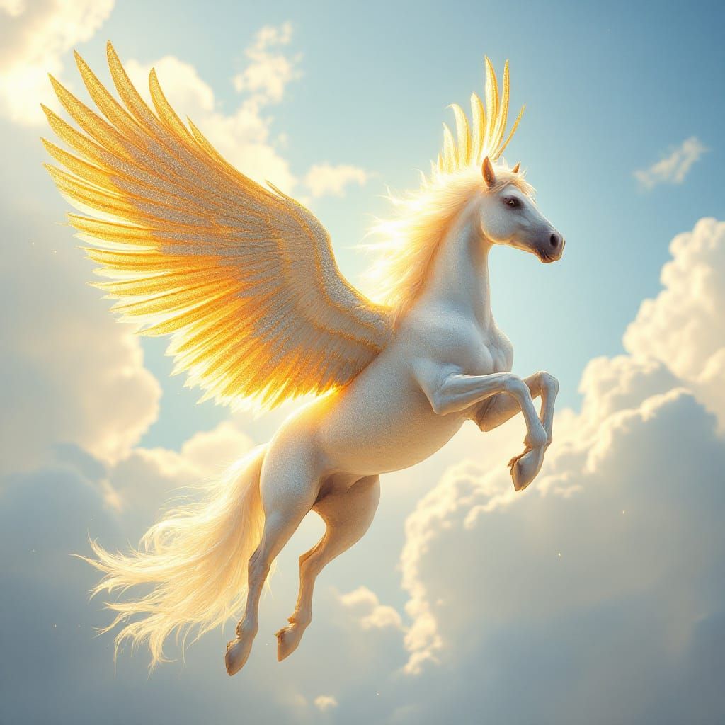 Radiant Pegasus with Golden Wings in Blue Sky
