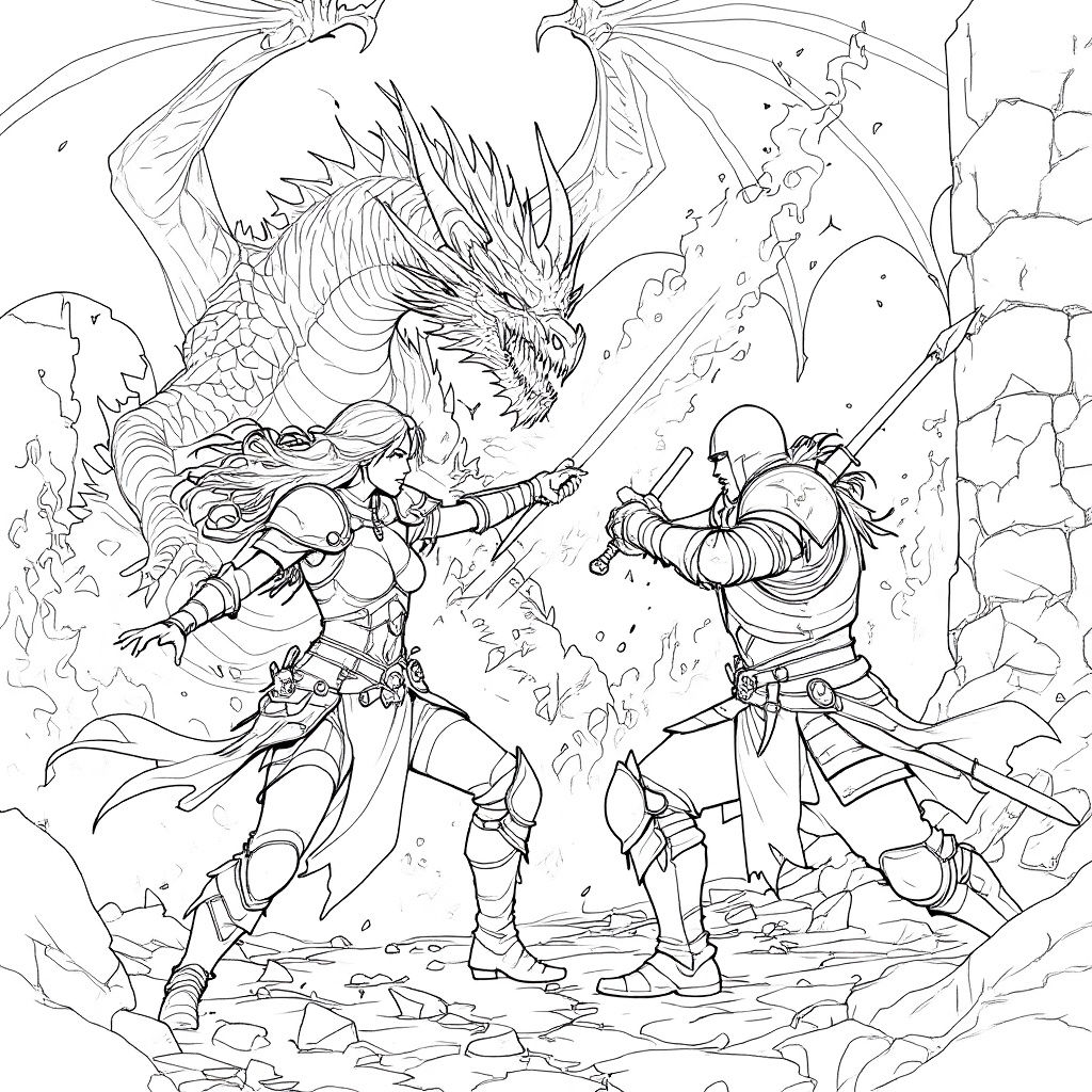Sorceress and Fighter Battle Dragon in Fantasy Art Style