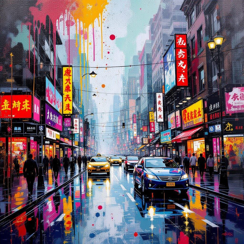 Polychromatic Surreal Street Scene in Vibrant Gouache Style