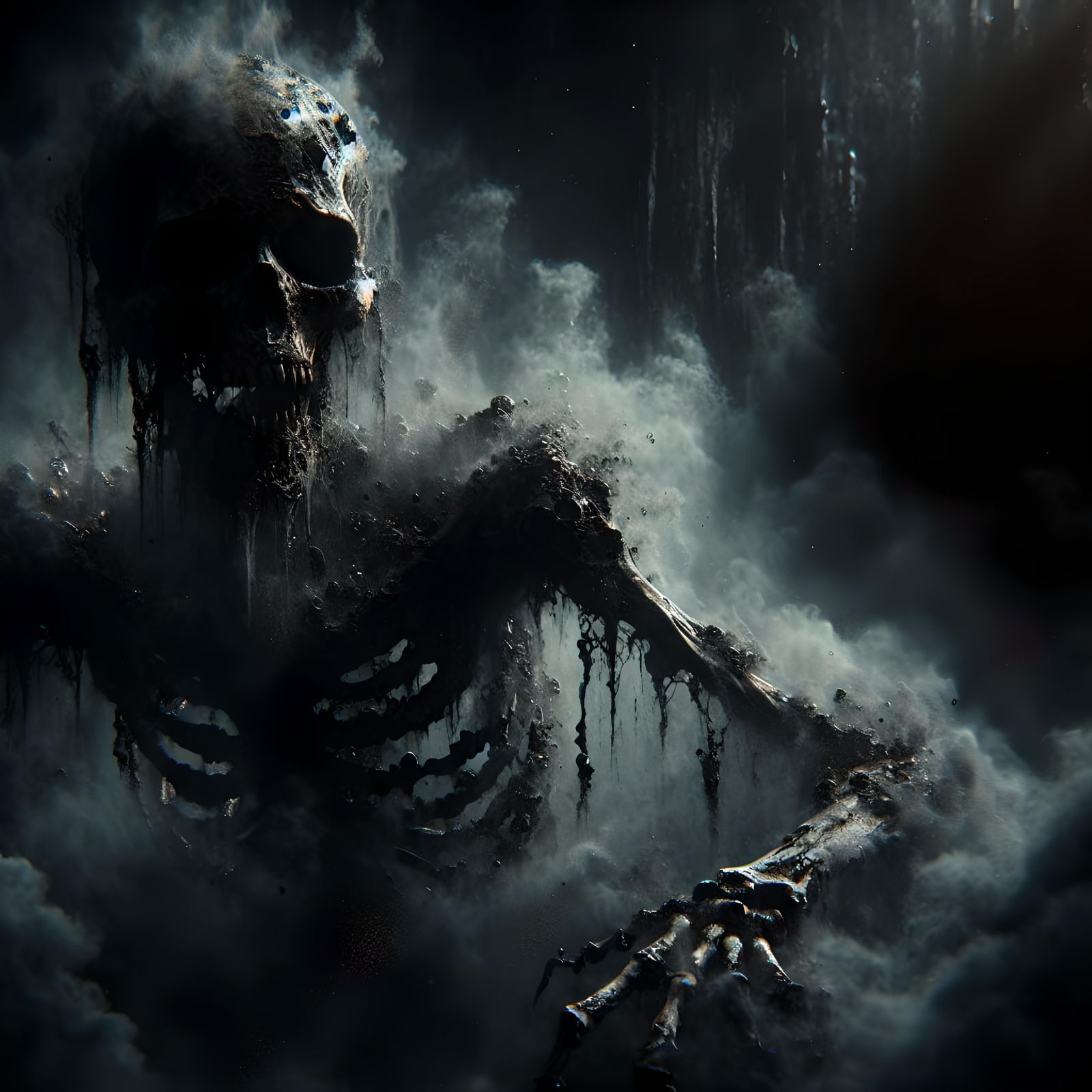 Terrifying Skeletal Figure in Menacing Fog: Digital Art