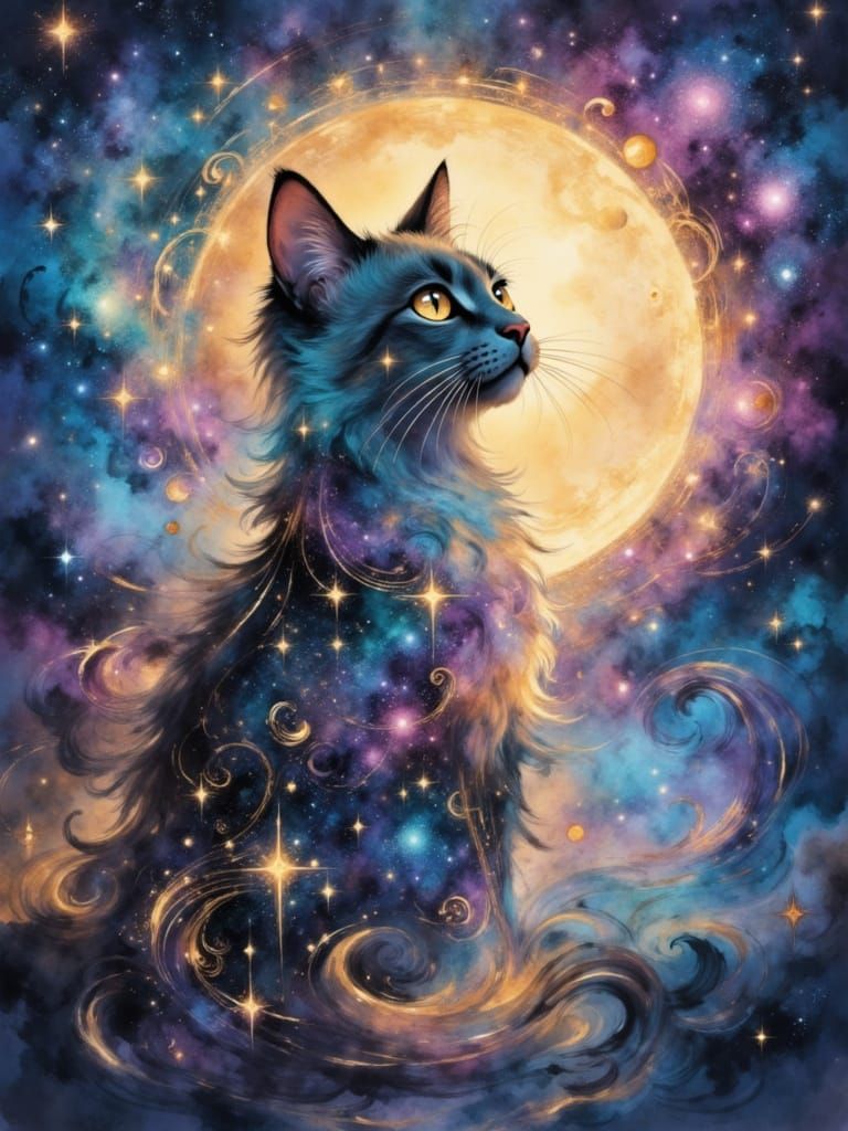 Whimsical Cat in Cosmic Dreamscape Oil Painting