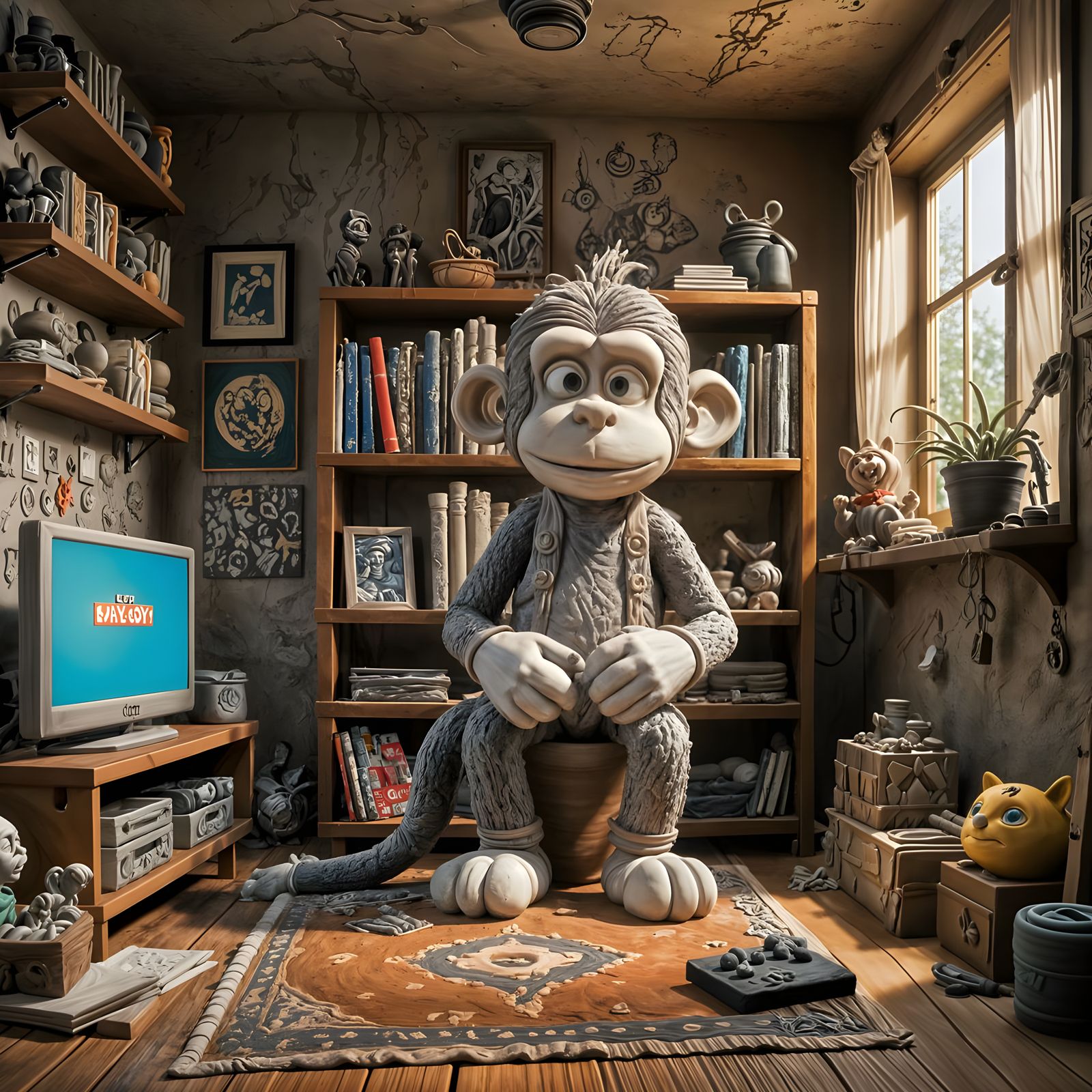 Whimsical Sock Monkey Illustrator at Work in a Cozy Bedroom