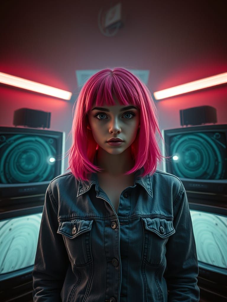 Eerie Pink-Haired Woman in Analog Horror Scene