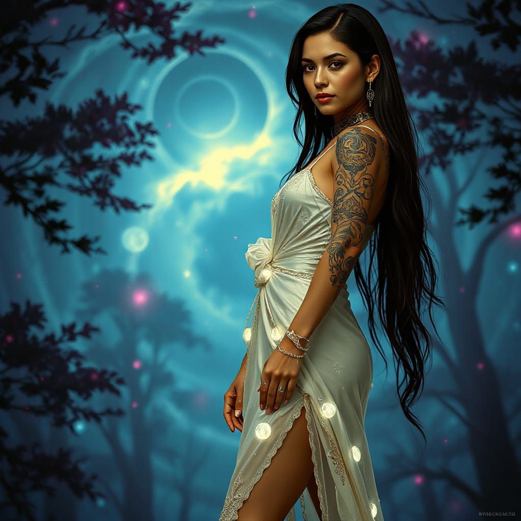 Aztec Woman in Futuristic Gown, Art Nouveau Style