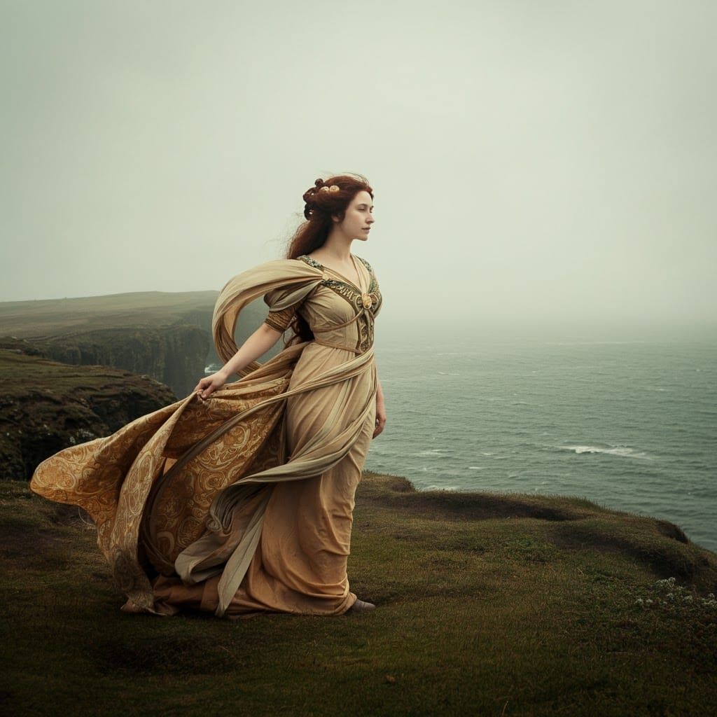 Woman Overlooking Ocean in Art Nouveau Style