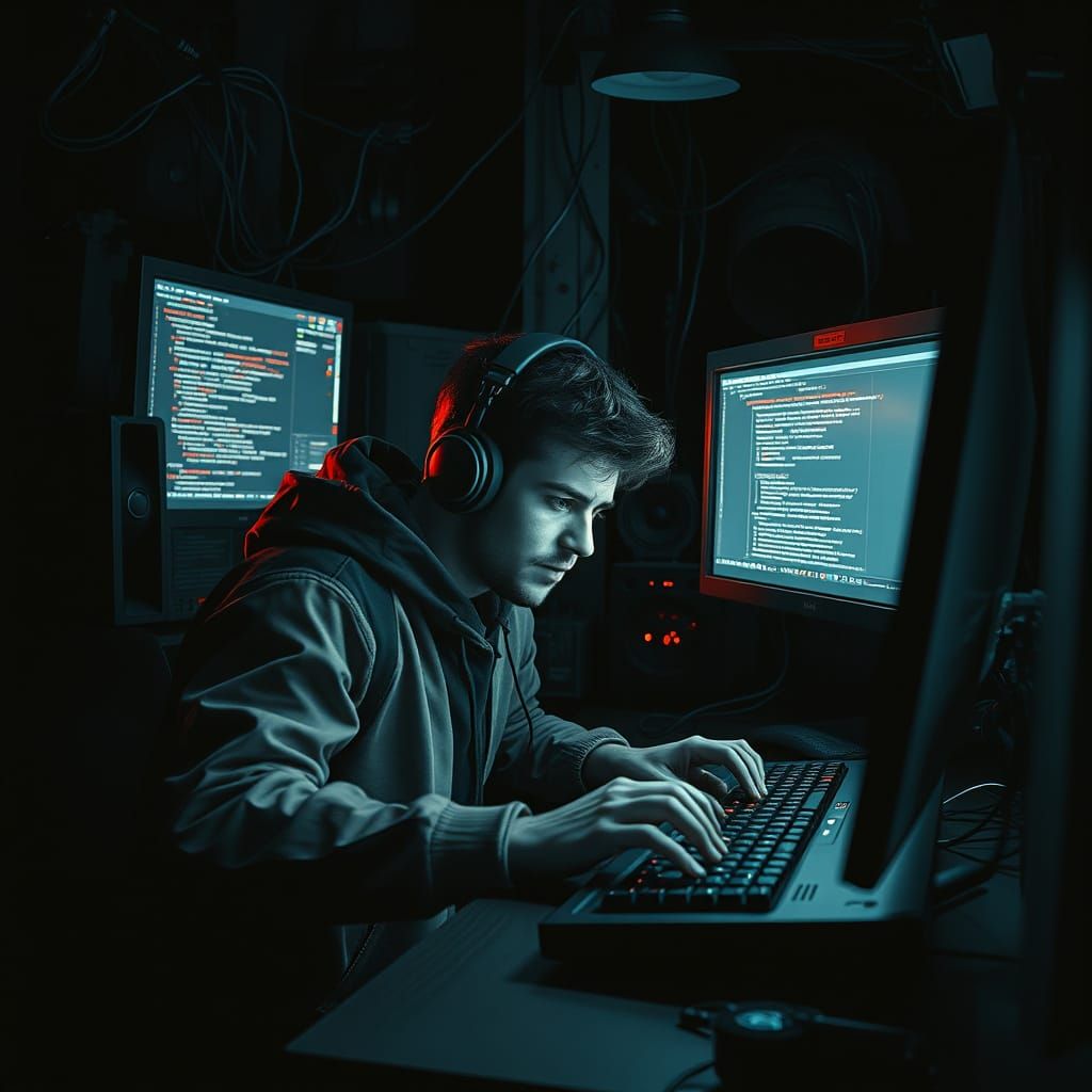 Young Hacker in Dark Cyberpunk Room