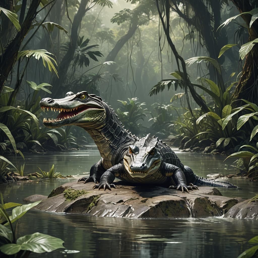 Alligator in Jungle River: Detailed Matte Painting