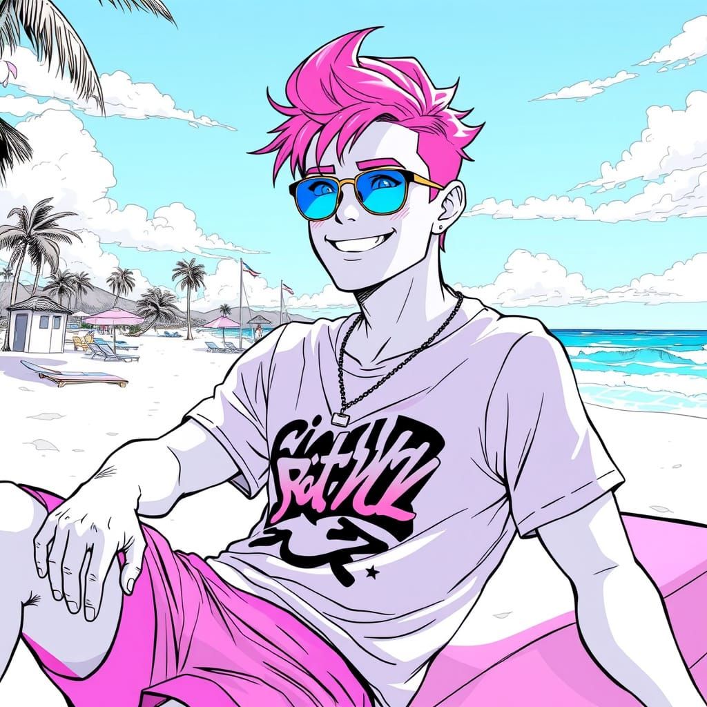 Stylized Pink-Haired Man on Sunny Beach