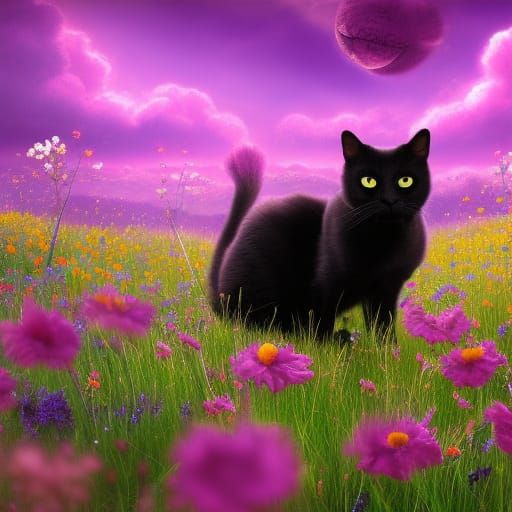 Black Cat in Flower Meadow Concept Art