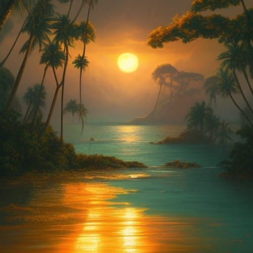 Lush Tropical Island Sunset in Dark Fantasy Style