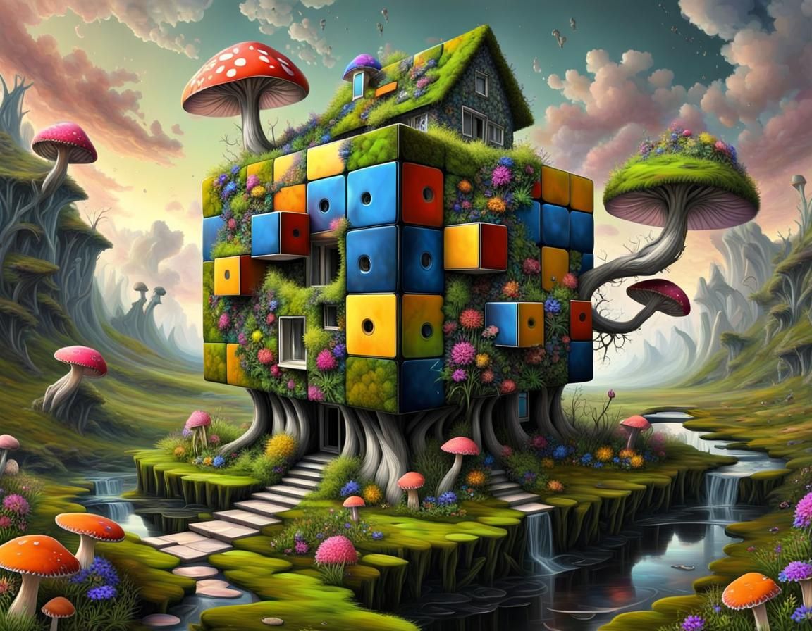 Fractal Surrealism: A Vibrant, Cubic Oasis with Wild Blooms