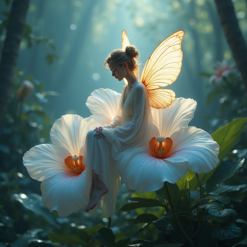 Ethereal Fairy on Luminescent Orchid in Pearlescent Forest