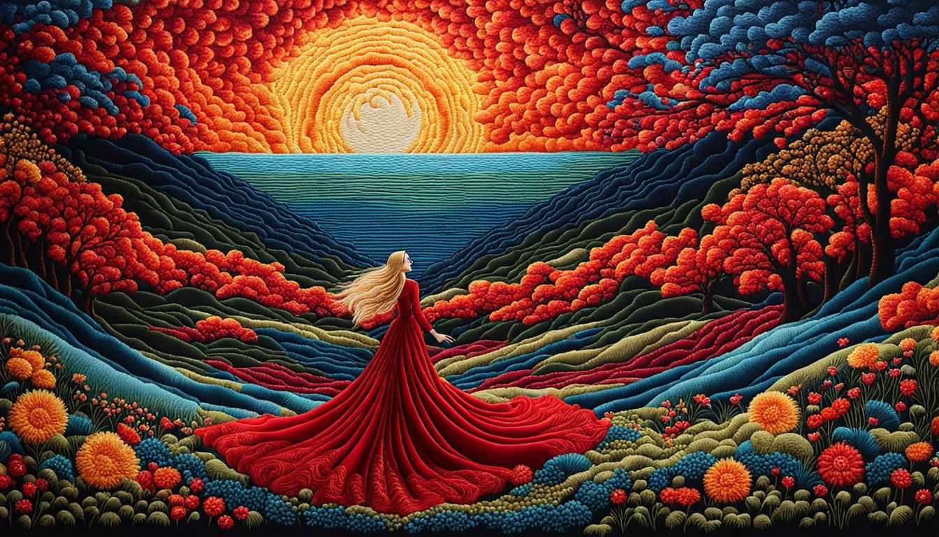 Embroidered Tapestry: Woman in a Dreamscape
