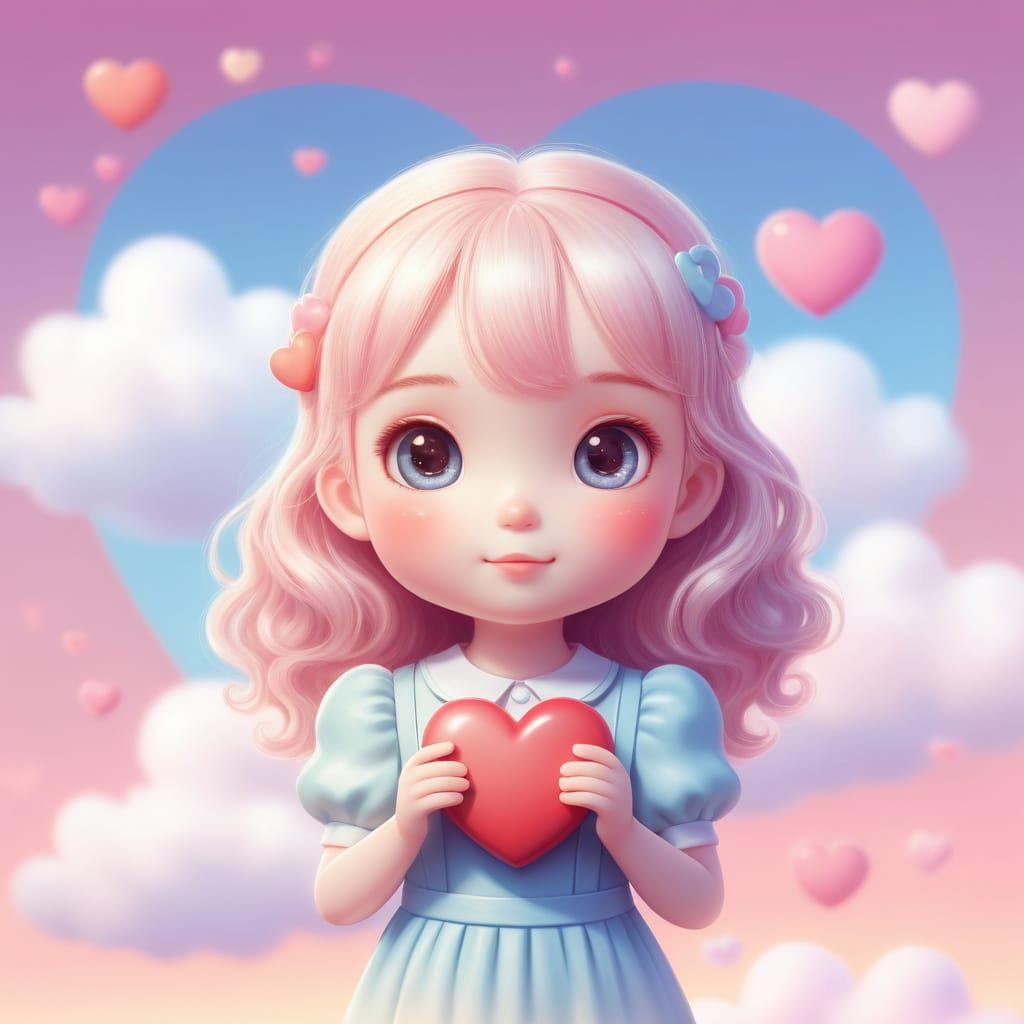 Charming Pastel Kawaii Character Holding Heart