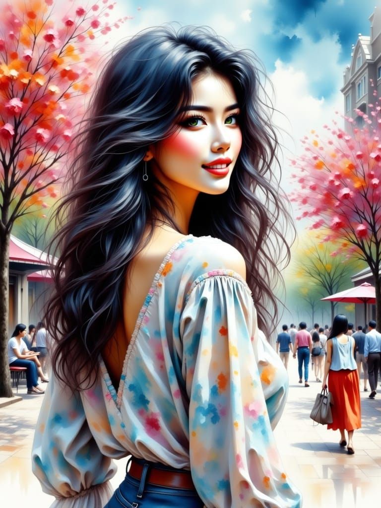 Young Woman Strolls Through Hong Kong in Springtime