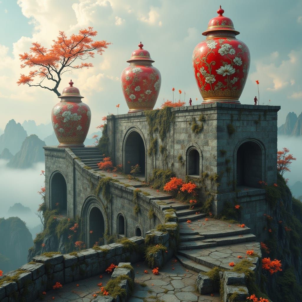 Chinese Ginger Jars on Ancient Wall in Baroque Style