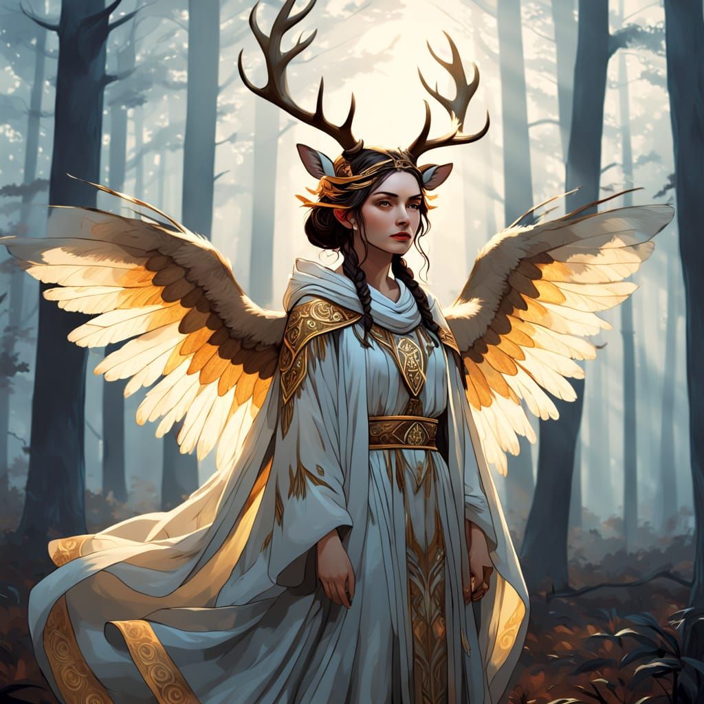 Realistic Goddess with Deer Antlers and Wings in Ancient Gre...