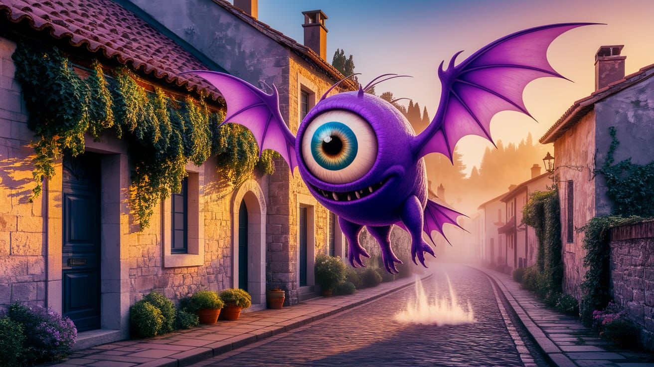 One-Eyed Purple Creature Flies Down Cobblestone Street