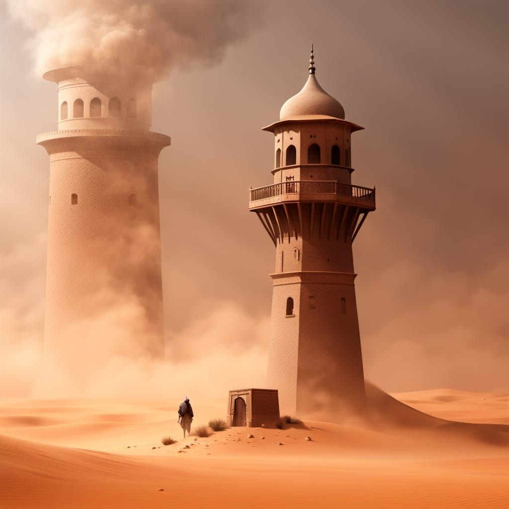 Desert Watchtower and Minaret in Dust Storm