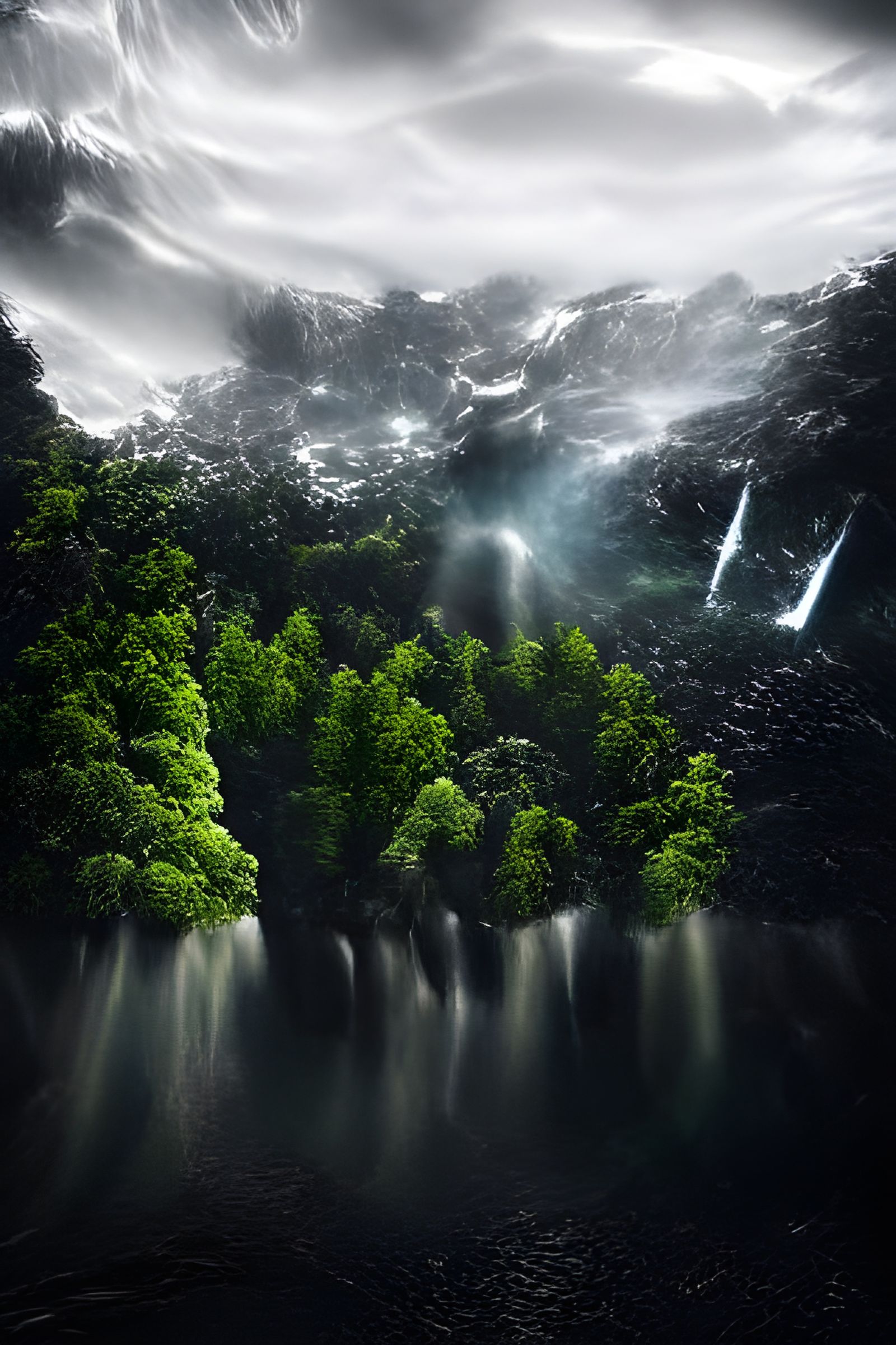Dark Woods Scene with Infinity Waterfall