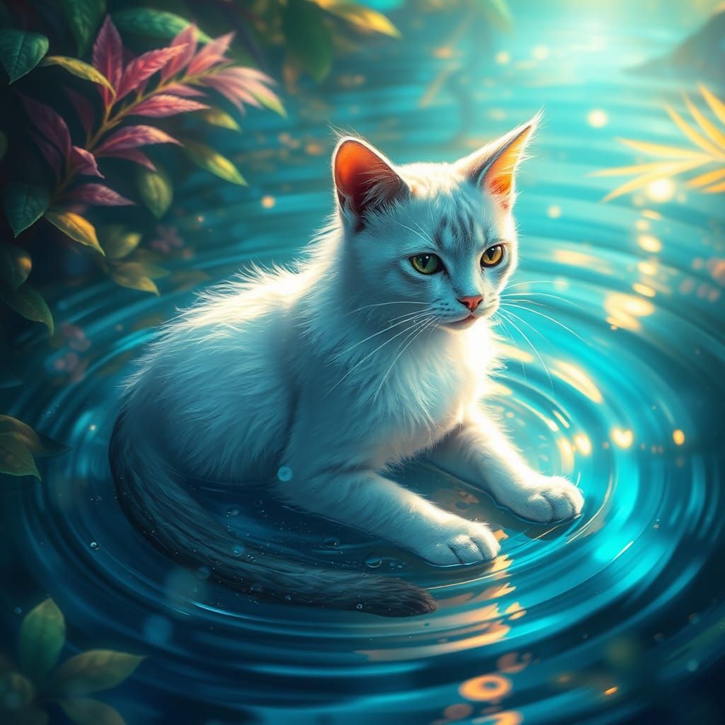 Ethereal Water Cat in Mystical Iridescent Pool