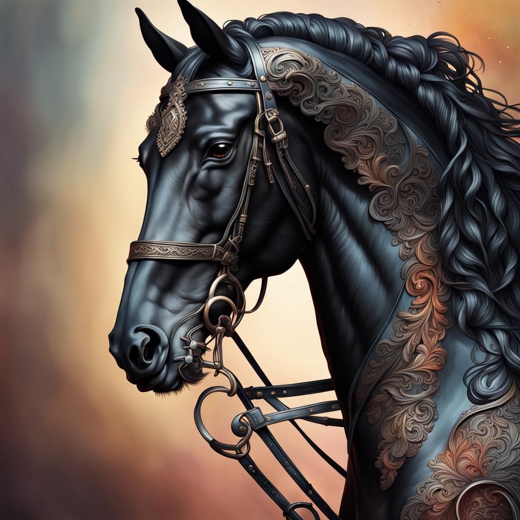 Black Horse Portrait with Baroque Bridle