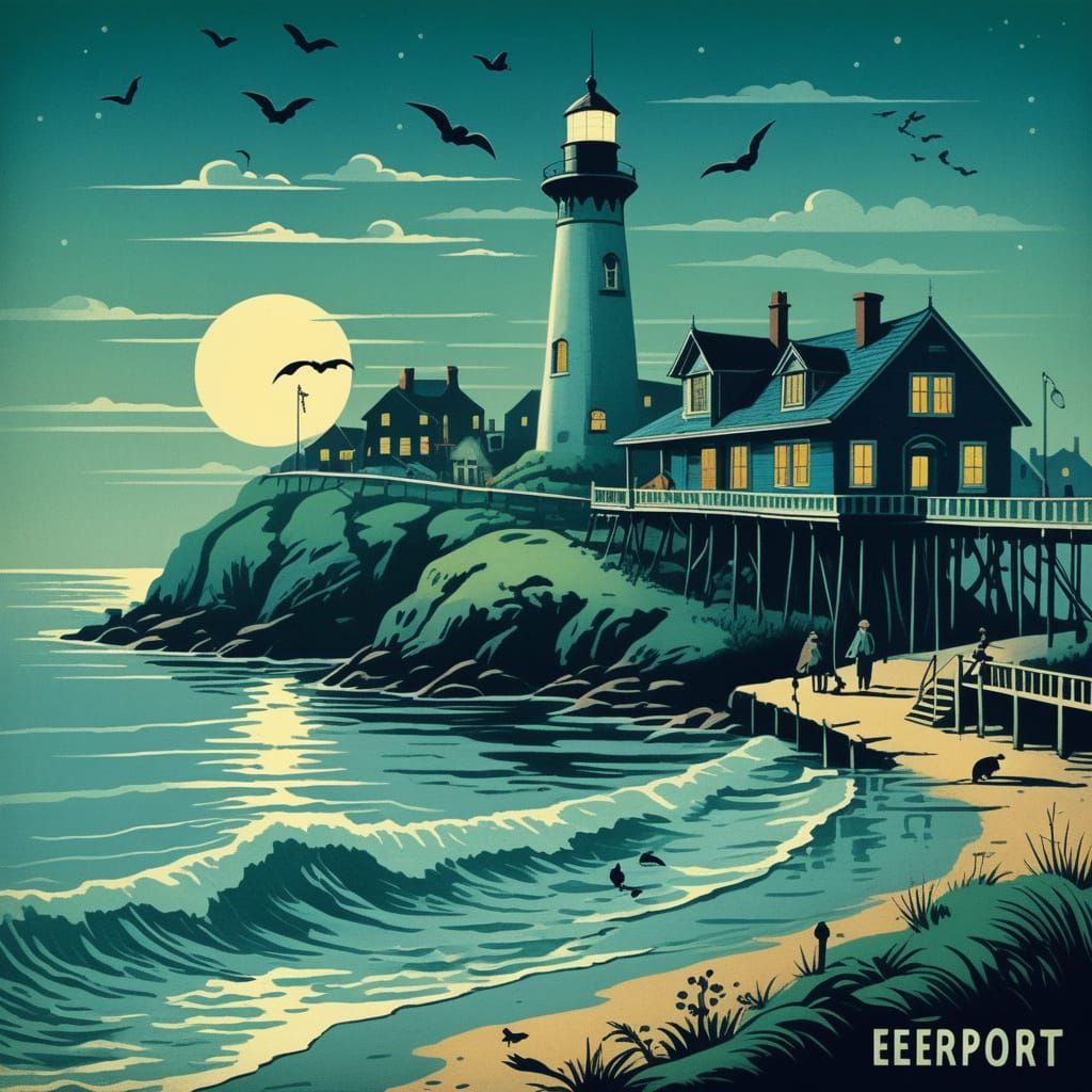 1950s Haunted Seaside Town Travel Poster