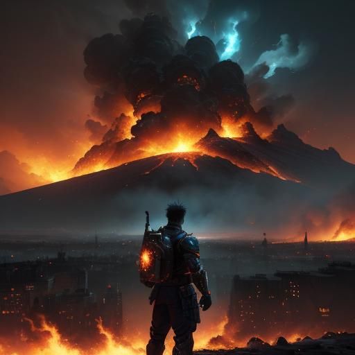 Heroic Figure Surrounded by Explosions in Fantasy Cityscape