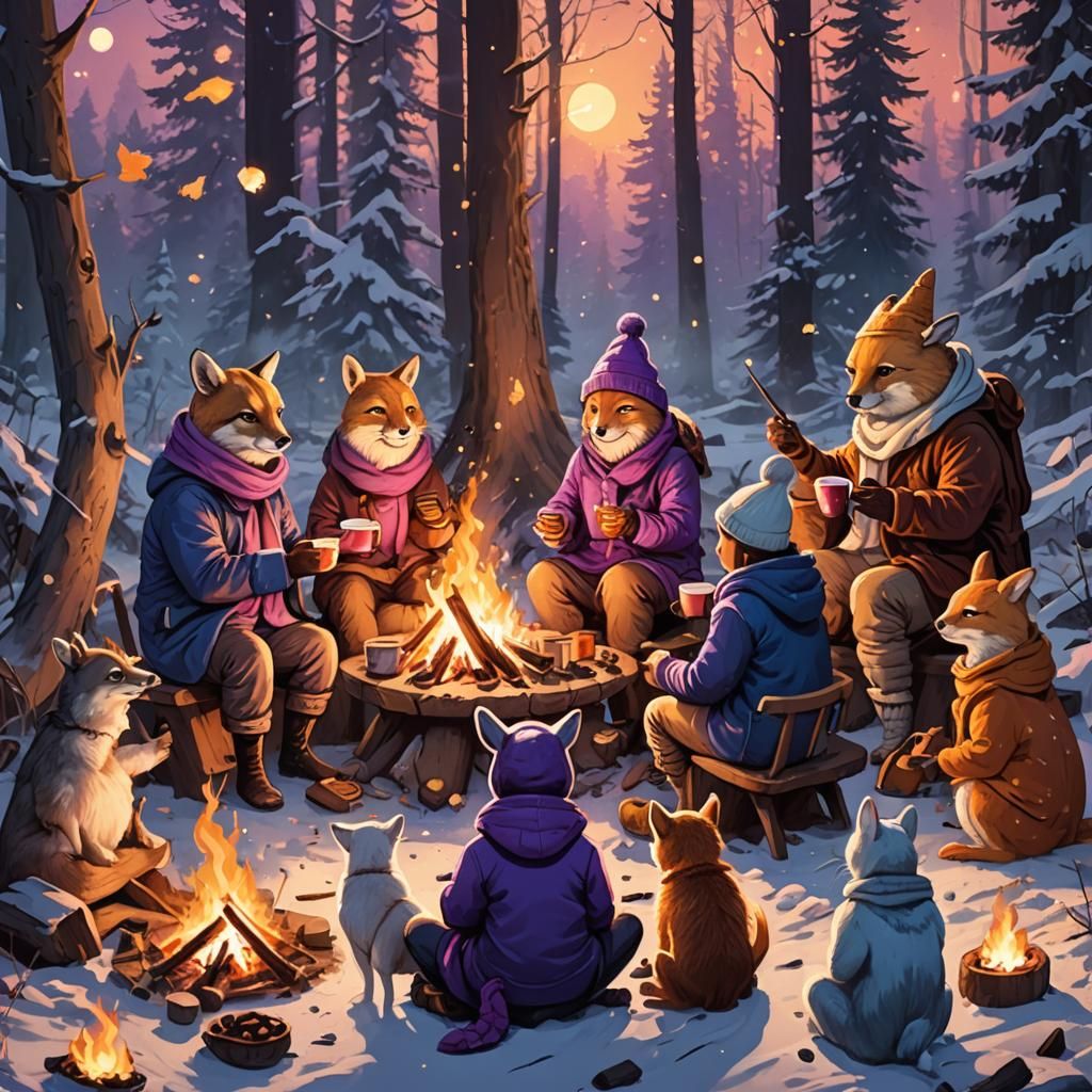 Animals Around Bonfire in Winter Clothes, Disney Style