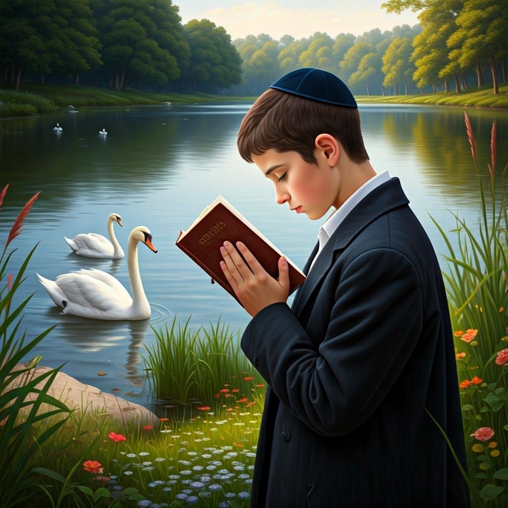 Boy Praying by Lake with Swans, Old Masters Style