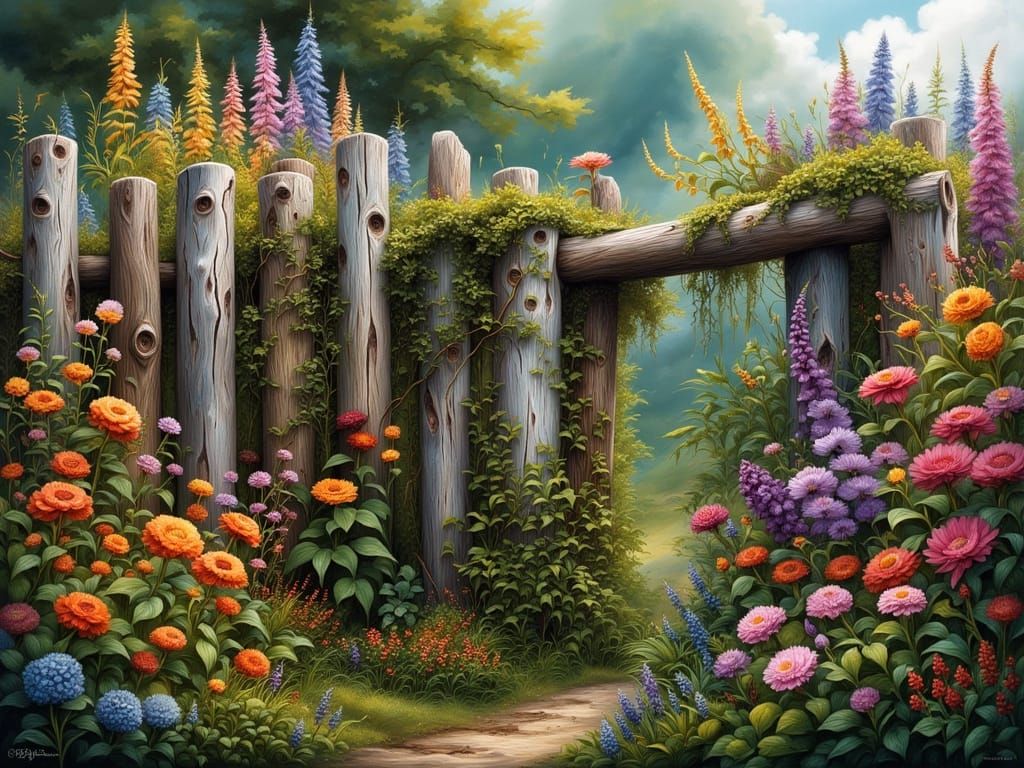 Rustic Wooden Fence Overgrown with Wildflowers
