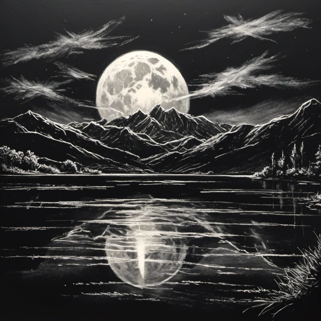 Full Moon Reflection: Chalk Art on Black