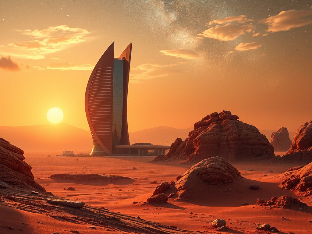 Neo-Futuristic Skyscraper on Mars at Golden Hour