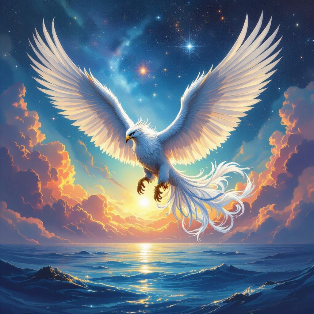 Griffin Soaring Through Nebula in Classic Fantasy Style