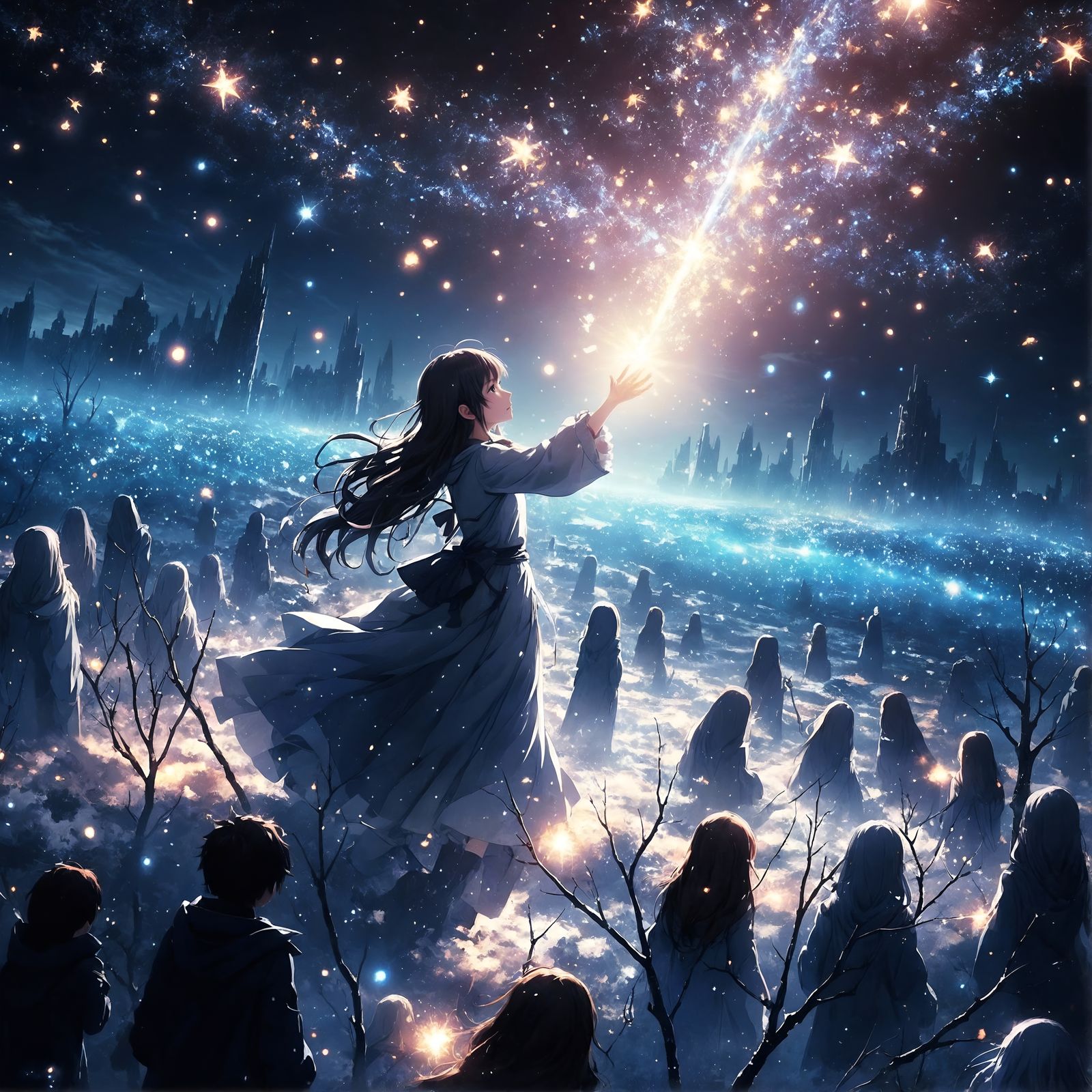 Anime Girl Reaching for Stars in Fantasy Realm