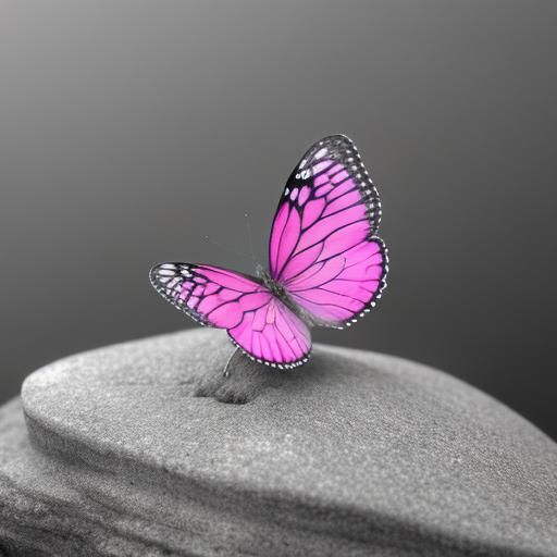 Pink Butterfly on Gray Stone in Misty Forest
