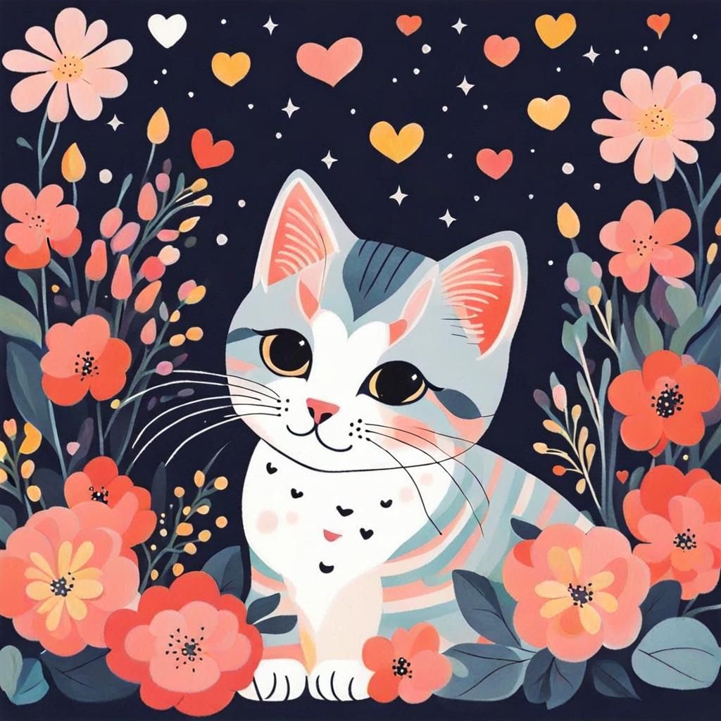 Cute Cat with Flowers in Expressionist Style