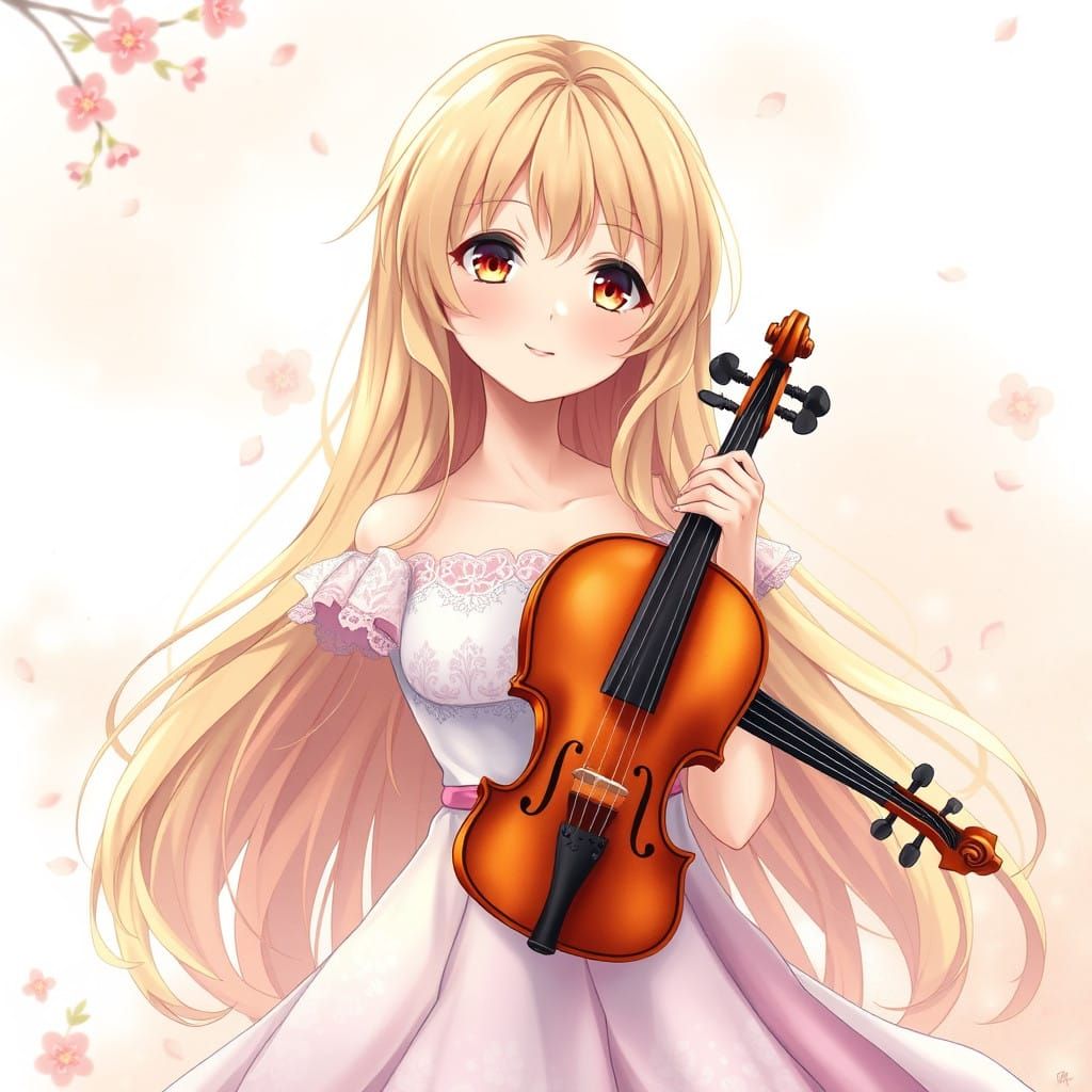 Gentle Anime Girl in Whimsical Violin Concert