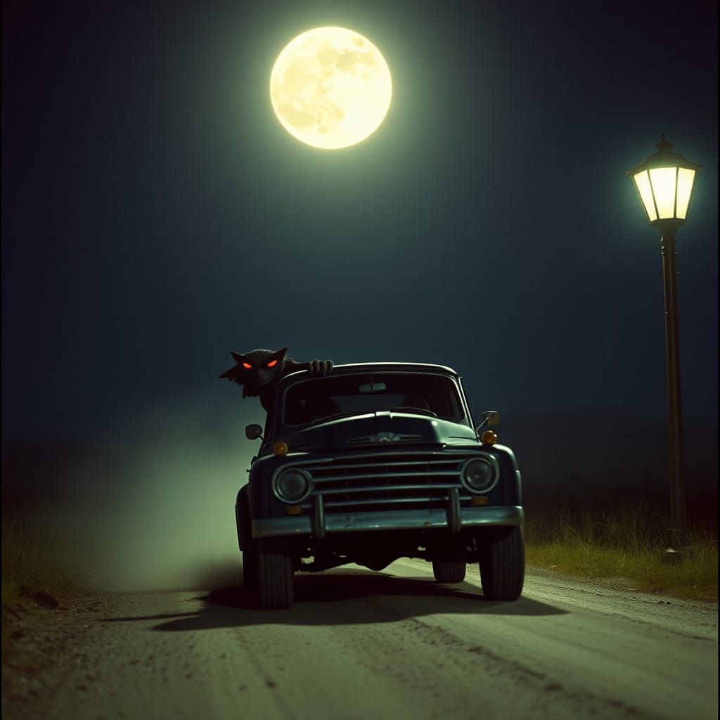 Mothman Cruises Down a Desert Highway Under Moonlit Skies