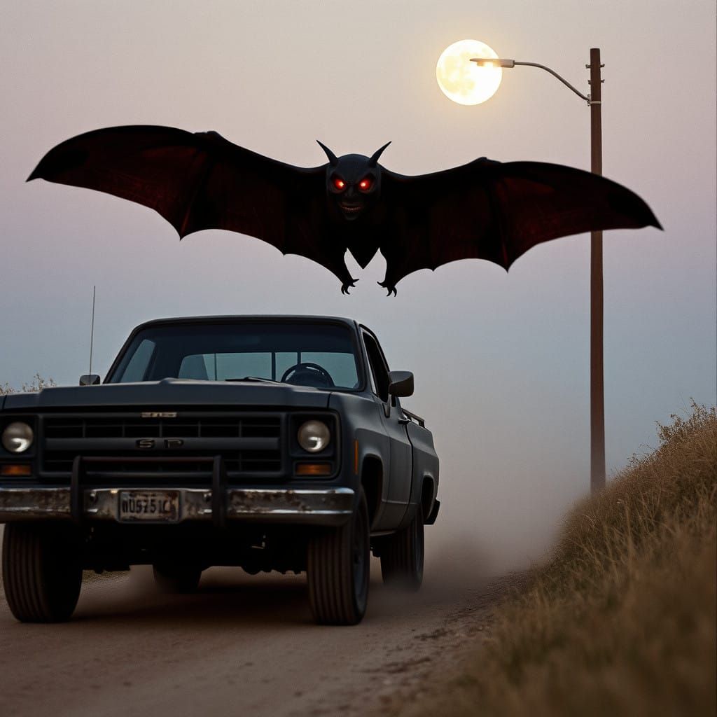 Mothman Cruises Old Dusty Trail Under Pale Moonlight