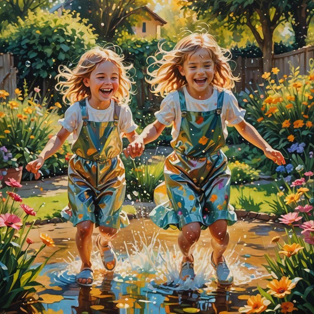 Summer Day: Two Girls Playing in the Garden