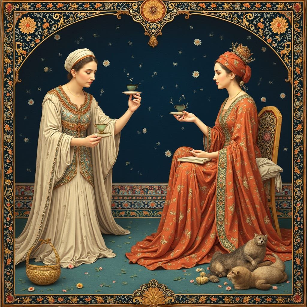 Elegant Persian Miniature Scene with Jewel-Toned Colors and ...