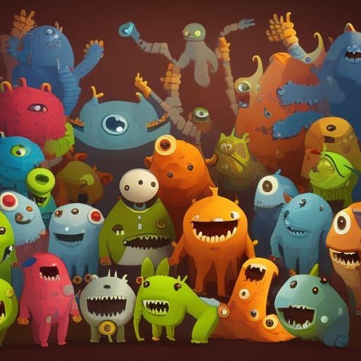 Cute Monsters on a Meadow in Flat Style