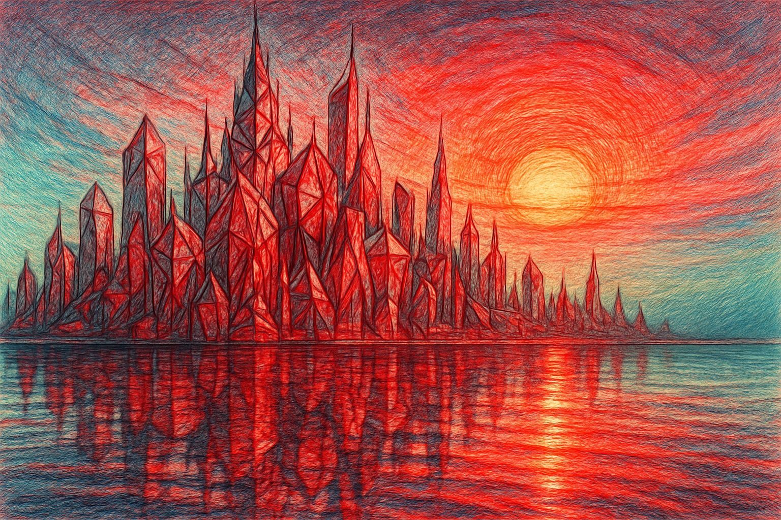 Dream Reflections of Ruby City at Sunset